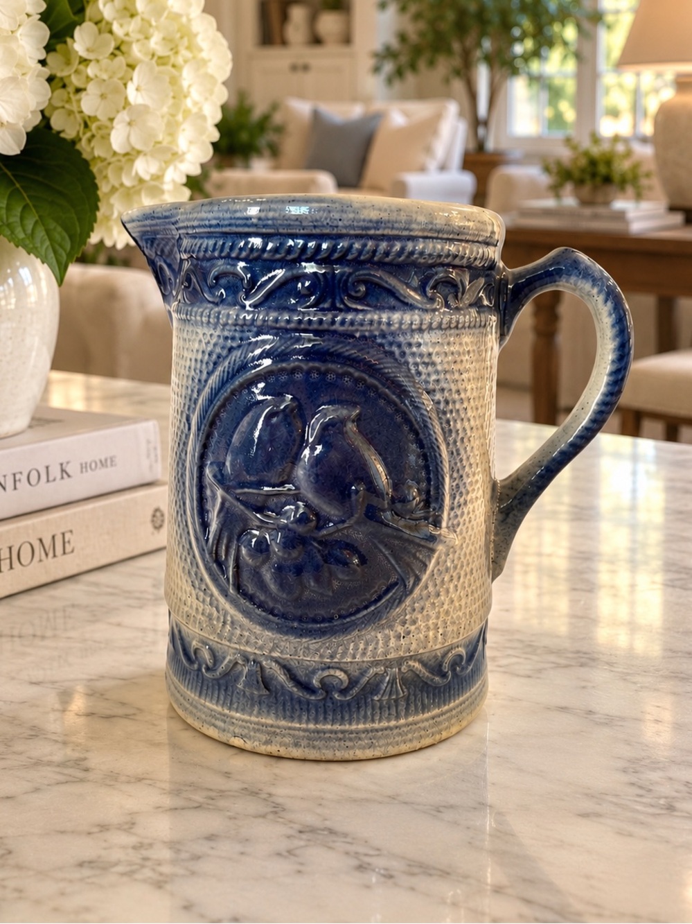 19th Century Antique Salt Glaze Stoneware Cobalt Blue Bird Medallion Pitcher
